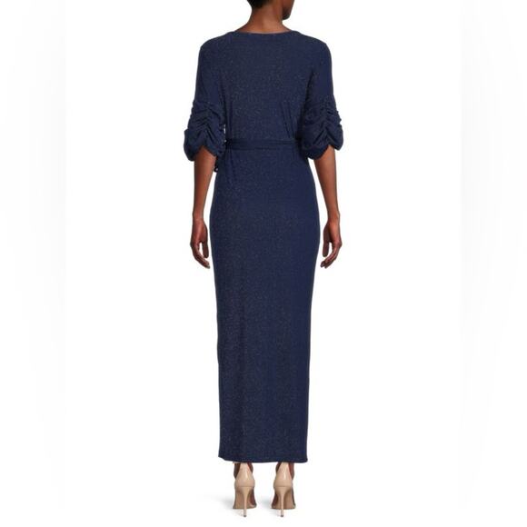 Starry night Glitter Maxi Wrap Dress metallic blue true wrap cocktail ruched s - Picture 2 of 15